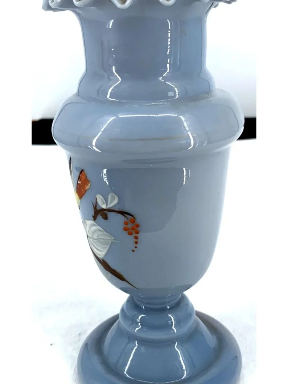 Antique Bristol Vase Victorian Blown Blue Glass Bird Floral Ruffle 7.5" - Picture 2 of 9